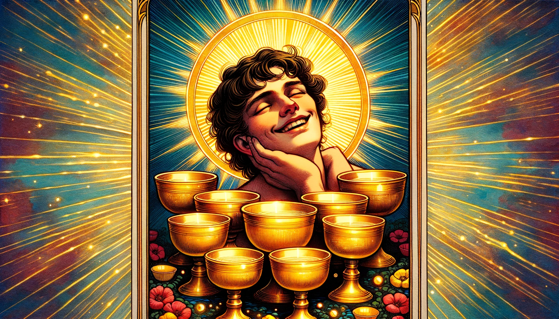 An image showcasing the Nine of Cups tarot card emphasizing its overall significance. The image should capture the cards vibrant colors the unconta