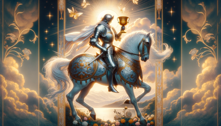 An image showcasing the mesmerizing Knight of Cups tarot card displaying a knight in shining armor riding gallantly on a white horse while holding