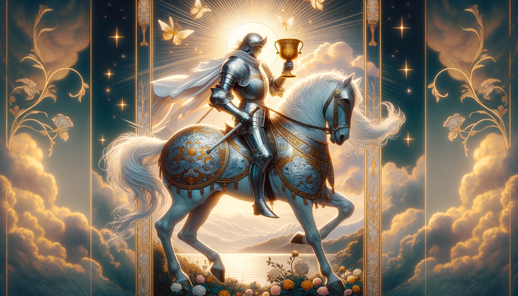 An image showcasing the mesmerizing Knight of Cups tarot card displaying a knight in shining armor riding gallantly on a white horse while holding