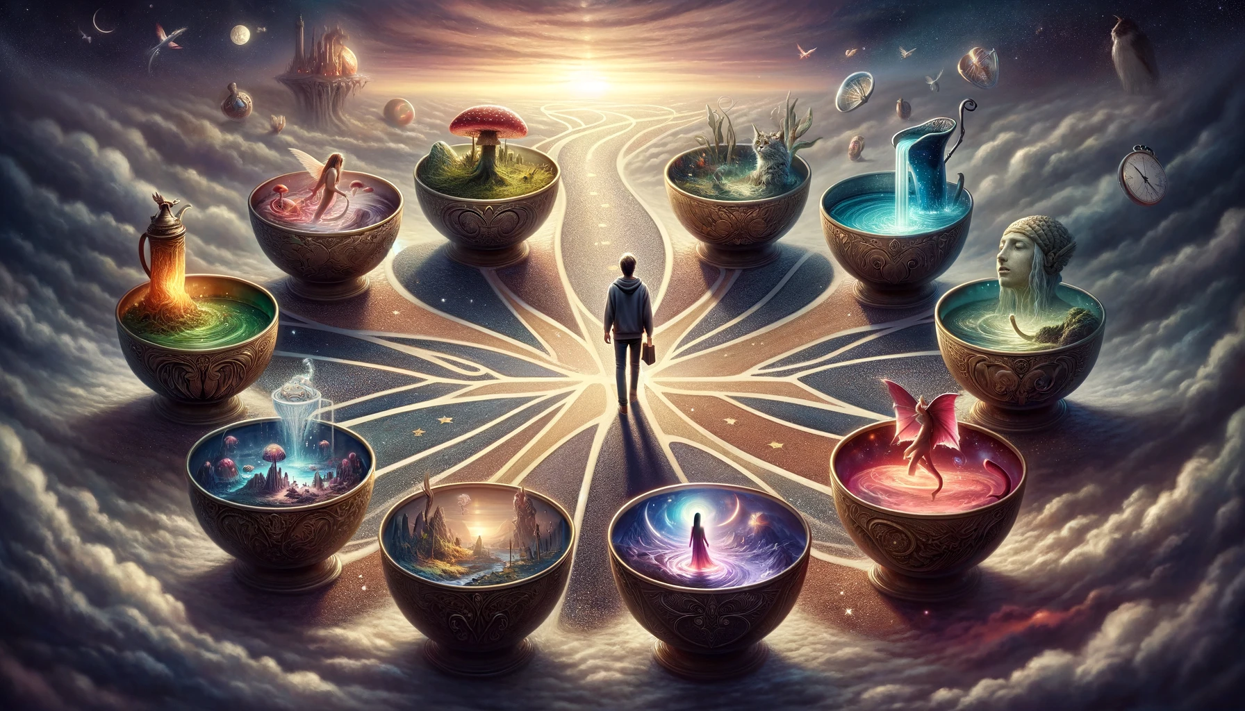 An image that portrays a person standing at a crossroad surrounded by seven enchanting cups each containing a different fantasy world or desire. The