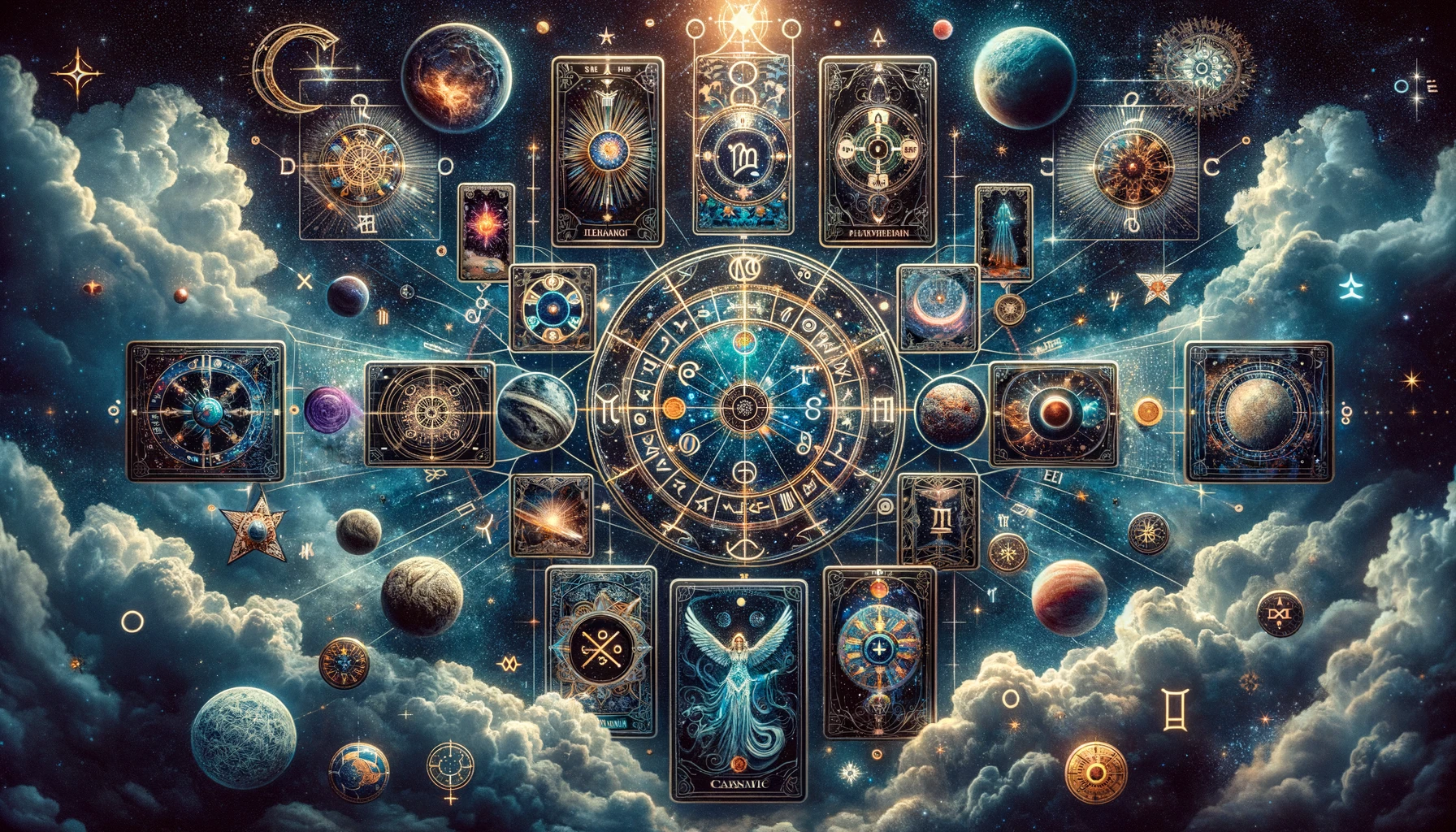 An intricate image of a celestial themed tarot spread with zodiac symbols planetary icons and a starry backdrop. The tarot spread is elaborately lai