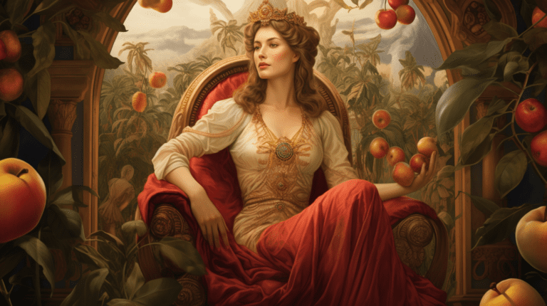 An illustrated Empress from the Tarot Card 3, surrounded by lush greenery and abundant harvest, holding a pomegranate, symbol of fertility, while sitting on a throne adorned with Venus symbols.