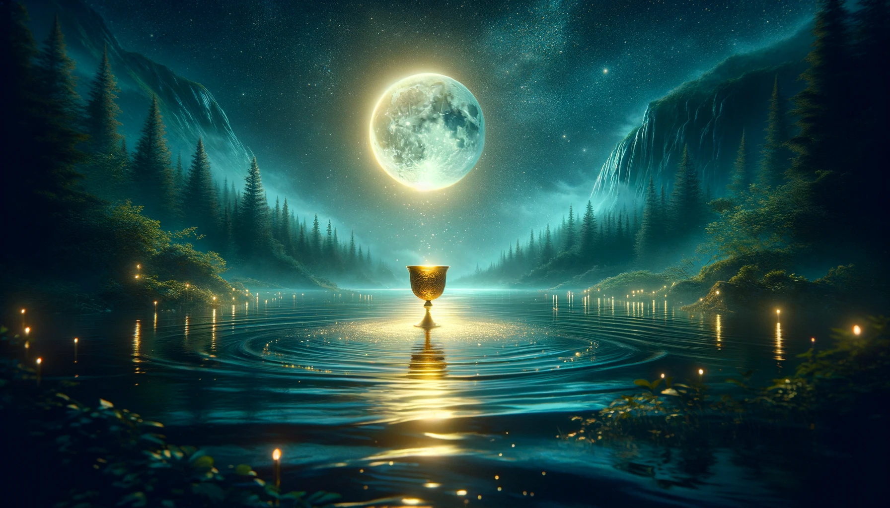 Create a 169 image depicting a serene moonlit lake surrounded by lush greenery capturing the ethereal and emotional essence of the Cups suit In the center of the scene a golden chalice
