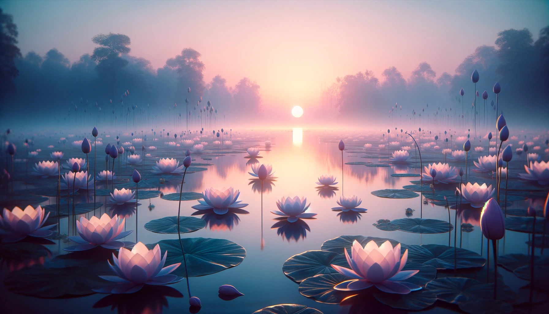 Create a 169 image that captures the ethereal beauty of a serene lake at sunset reflecting the introspective nature of the Cups suit The lake should be adorned with delicate floating l