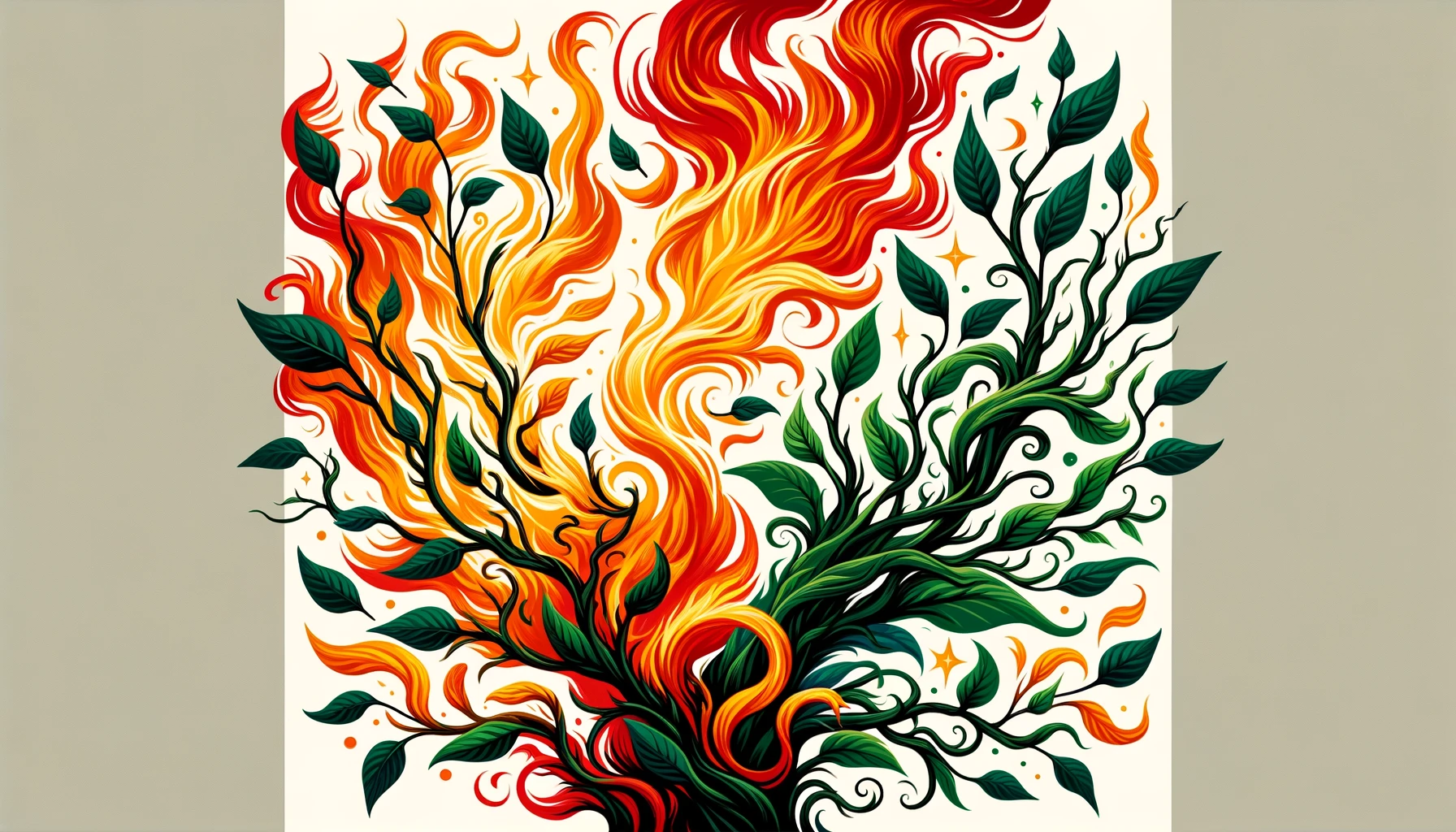 Create a 169 image that emphasizes the fiery energy and passion of the Wands suit in the Minor Arcana with a stronger focus on the branches The image should depict vibrant flames but w
