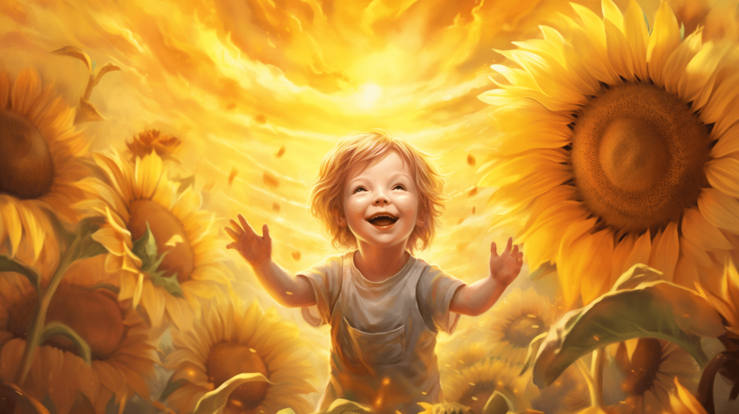 a vibrant image showcasing a radiant sun at its zenith, casting a golden glow over a joyous child playing in a field of blooming sunflowers, symbolizing the card's interpretation of vitality, happiness, and pure optimism.