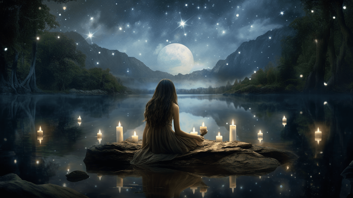 an ethereal image showcasing a clear night sky filled with countless twinkling stars, where a radiant woman kneels by a serene lake, pouring water from two vases, symbolizing the Card 17: The Star's divine inspiration and spiritual renewal.