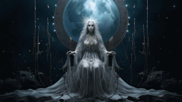 an image that captures the enigmatic essence of Card 2: The High Priestess. In this visual, a serene figure in flowing indigo robes sits upon a lunar throne, her eyes shimmering with ancient wisdom.