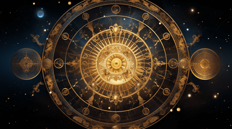 an image capturing the essence of Card 10: Wheel of Fortune. Illustrate a colossal golden wheel, adorned with intricate symbols, rotating against a backdrop of vibrant celestial hues, symbolizing the unpredictable nature of destiny and the cyclical nature of life.