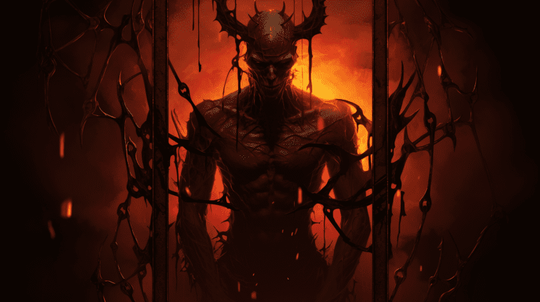 an image capturing the essence of Card 15: The Devil. Depict a haunting scene of a chained figure with horned silhouette, engulfed in suffocating darkness, surrounded by broken shackles and eerie flames.