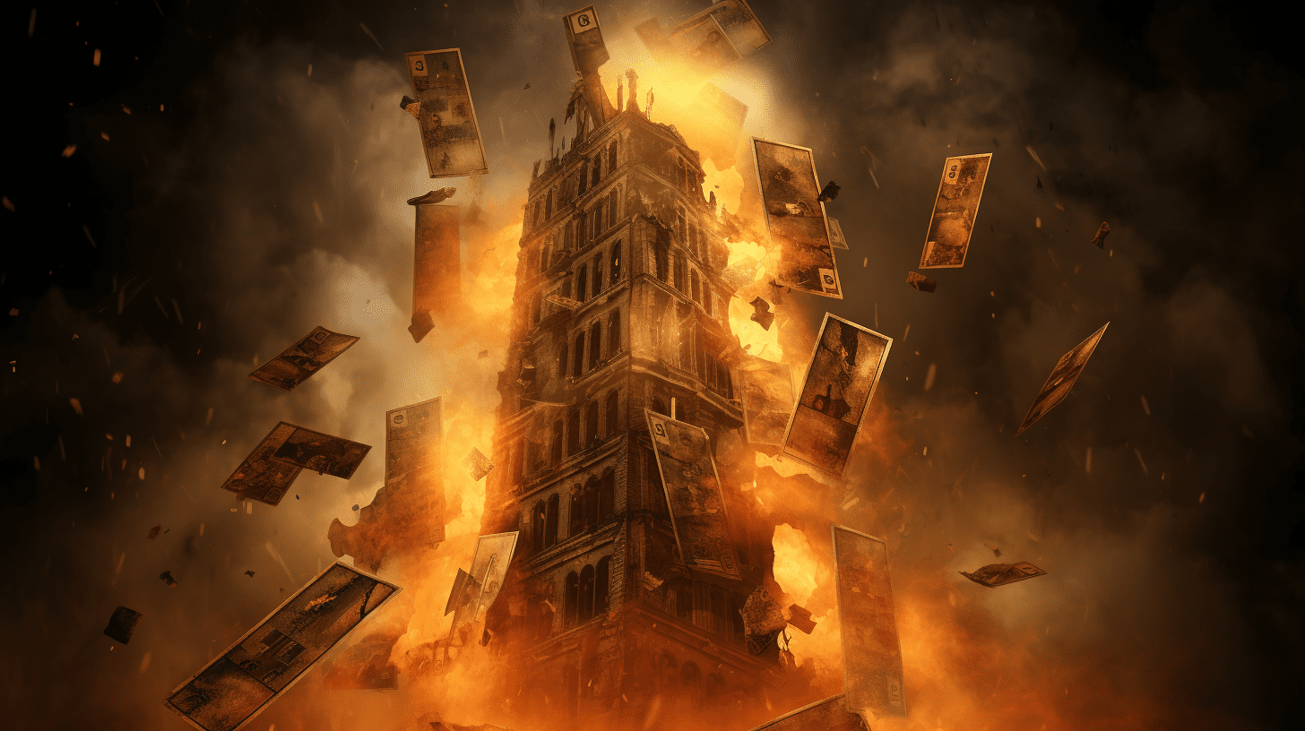 an image capturing the essence of Card 16: The Tower - a foreboding, towering structure struck by lightning, crumbling and engulfed in flames, with shattered windows and falling debris, symbolizing sudden and disruptive change.