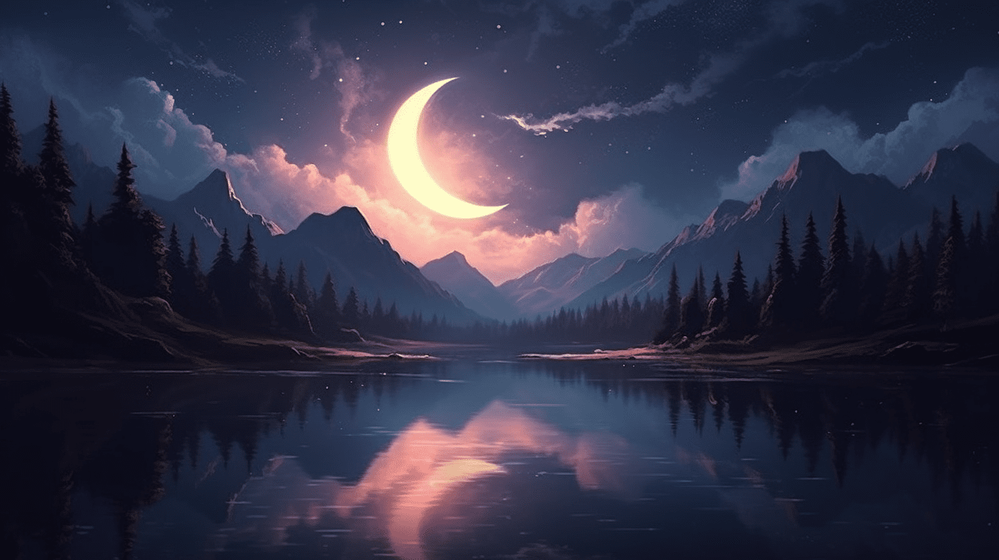 an image capturing the essence of Card 18: The Moon in its Final Thoughts. Depict a serene night sky with a crescent moon casting a gentle glow on a calm lake, reflecting the surrounding mystical landscape.