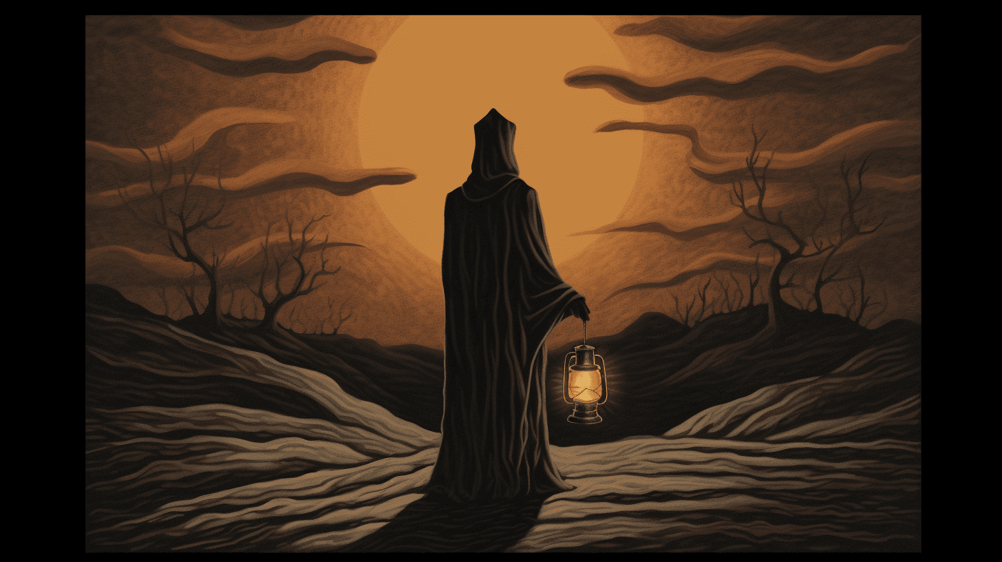 an image capturing the essence of Card 9: The Hermit. Depict a solitary figure, cloaked in darkness, holding a lantern aloft amidst a barren landscape. The lantern's warm glow illuminates the figure's wise and contemplative expression.