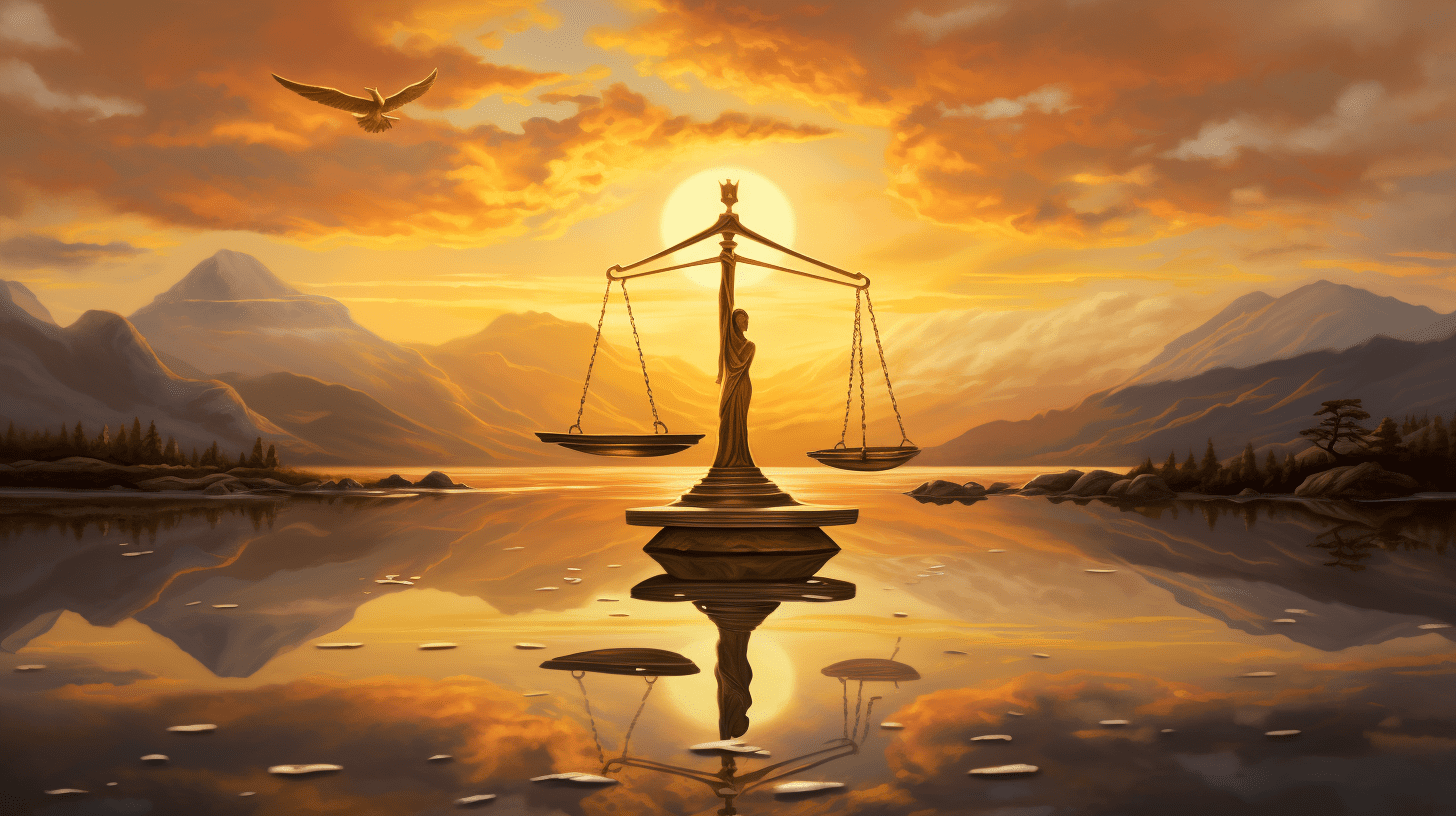 an image capturing the essence of "Final Thoughts" on Card 11: Justice. Picture a serene sunset casting its golden glow over a balanced scale, symbolizing introspection, resolution, and the harmony found in fair decisions.