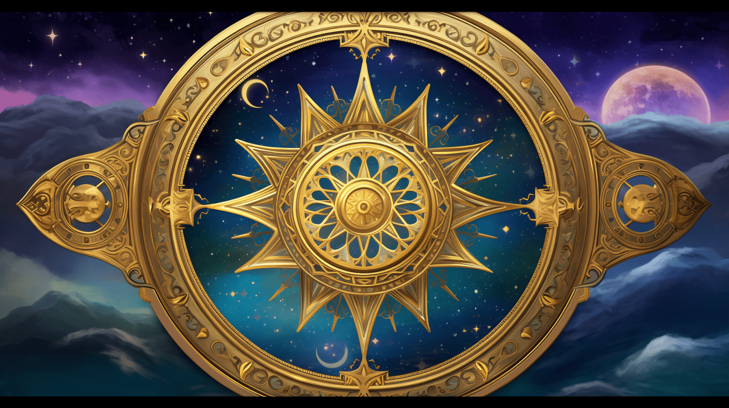 an image capturing the essence of the Wheel of Fortune card: an ornate golden wheel adorned with intricate symbols, surrounded by vibrant colors, spinning gracefully amidst a backdrop of starry skies, representing destiny and the ever-changing cycles of life.
