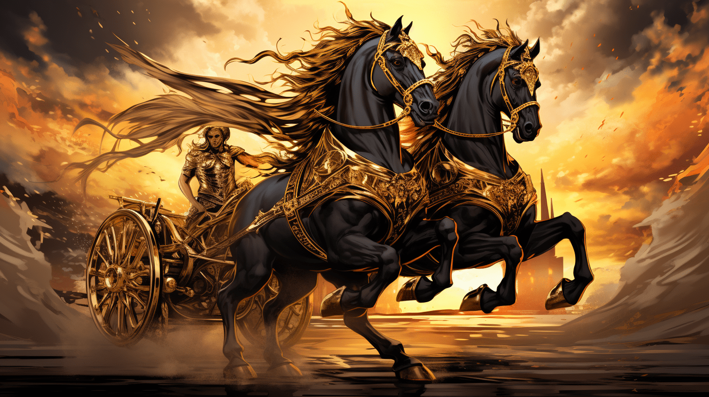 an image depicting Card 7: The Chariot from a tarot deck. Show a majestic golden chariot, pulled by two powerful black horses, driven by a confident figure, surrounded by a victorious aura.