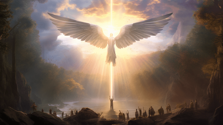 an image depicting a majestic angel, wings outstretched, hovering above a serene landscape. Rays of light emanate from its ethereal form, illuminating a diverse group of people standing below, looking upward in awe and contemplation.