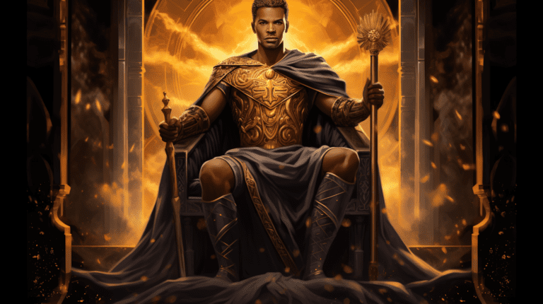 an image depicting a majestic, regal figure seated on a golden throne, wearing a crown and holding a scepter, exuding authority and power, representing the Emperor tarot card's essence of control and leadership.