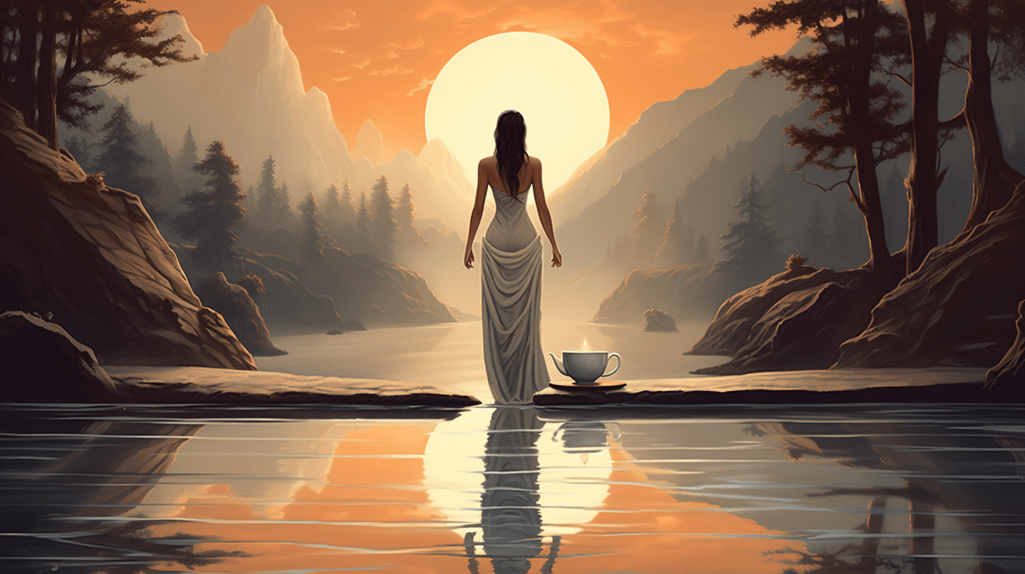 an image depicting a serene figure standing at the edge of a tranquil river, gracefully pouring liquid from one cup to another, symbolizing balance and harmony.