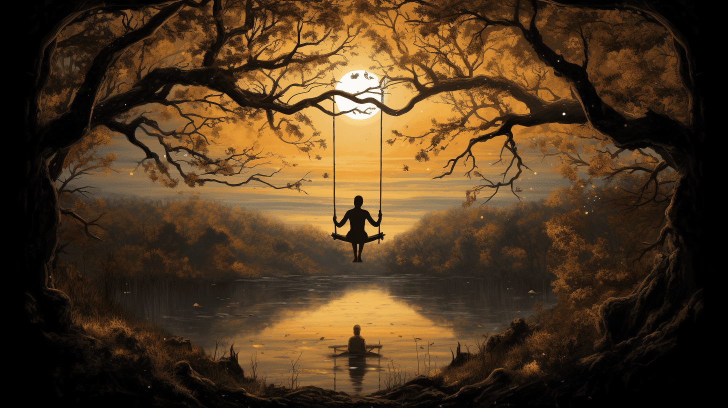 n image depicting a solitary figure, suspended upside down from a tree branch, calmly gazing into the distance. The surrounding environment should exude tranquility, reflecting the Hanged Man's serene acceptance of life's twists and turns.