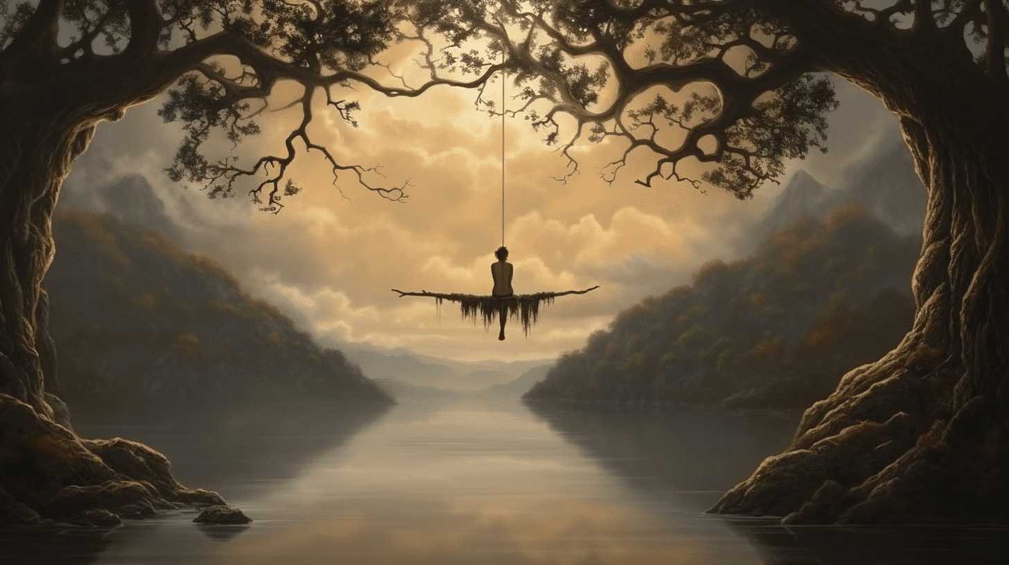 an image depicting a solitary figure, suspended upside down from a tree branch, calmly gazing into the distance. The surrounding environment should exude tranquility, reflecting the Hanged Man's serene acceptance of life's twists and turns.