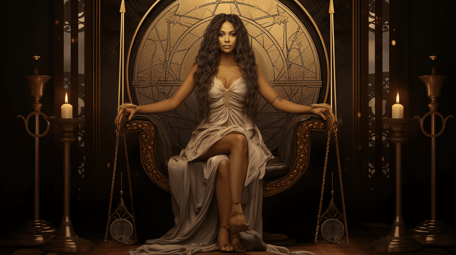 an image showcasing the Justice Card in all its glory - a regal figure seated on a stone throne, holding a balanced scale in one hand and a double-edged sword in the other, adorned with symbols of fairness and integrity.
