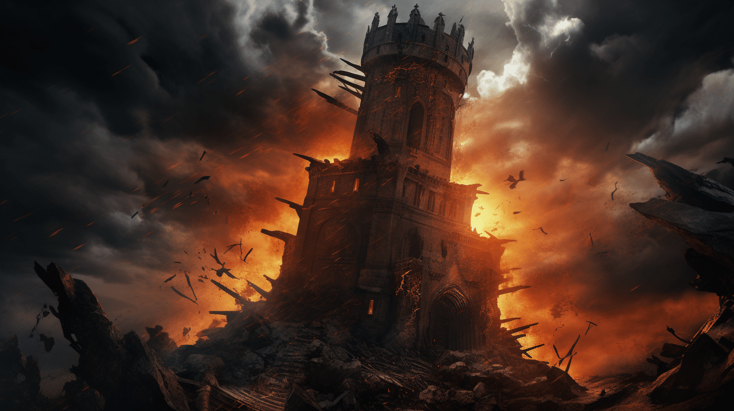an image depicting the aftermath of Card 16: The Tower, showcasing a crumbling fortress amidst a stormy sky. Dark clouds engulf the scene as shattered stones and fiery debris scatter around, evoking a sense of chaos and destruction.