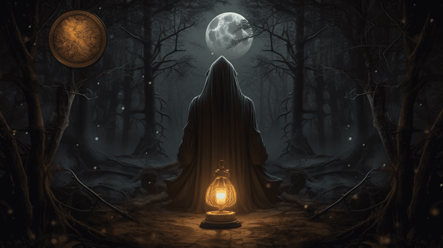 an image depicting the introspective nature of Card 9: The Hermit. Show a solitary figure, illuminated by a dim lantern, deep in thought while surrounded by a serene, mystical forest at dusk.