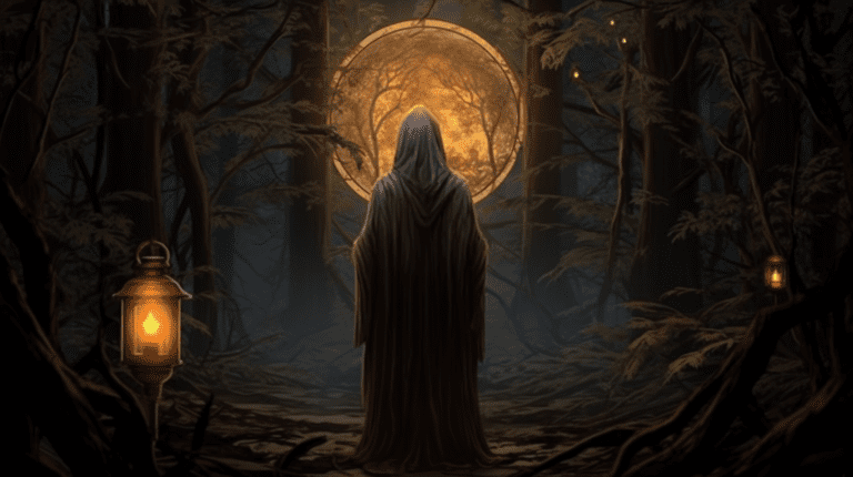 an image depicting the introspective nature of Card 9: The Hermit. Show a solitary figure, illuminated by a dim lantern, deep in thought while surrounded by a serene, mystical forest at dusk.