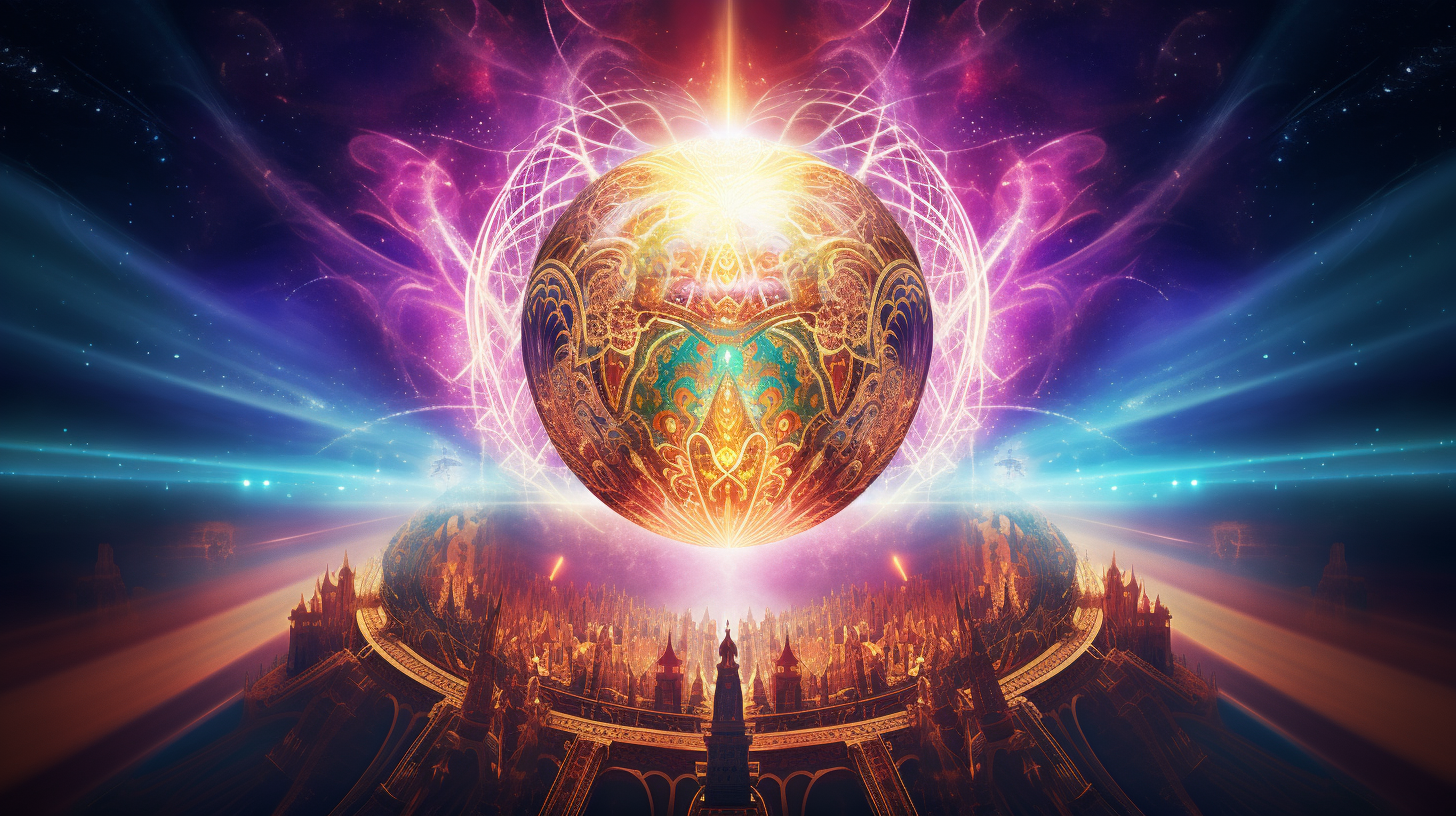 an image showcasing Card 21: The World. Capture a vibrant globe suspended in mid-air, surrounded by diverse flora and fauna. Rays of light beam through a celestial backdrop, while figures from various cultures unite in a joyous dance.