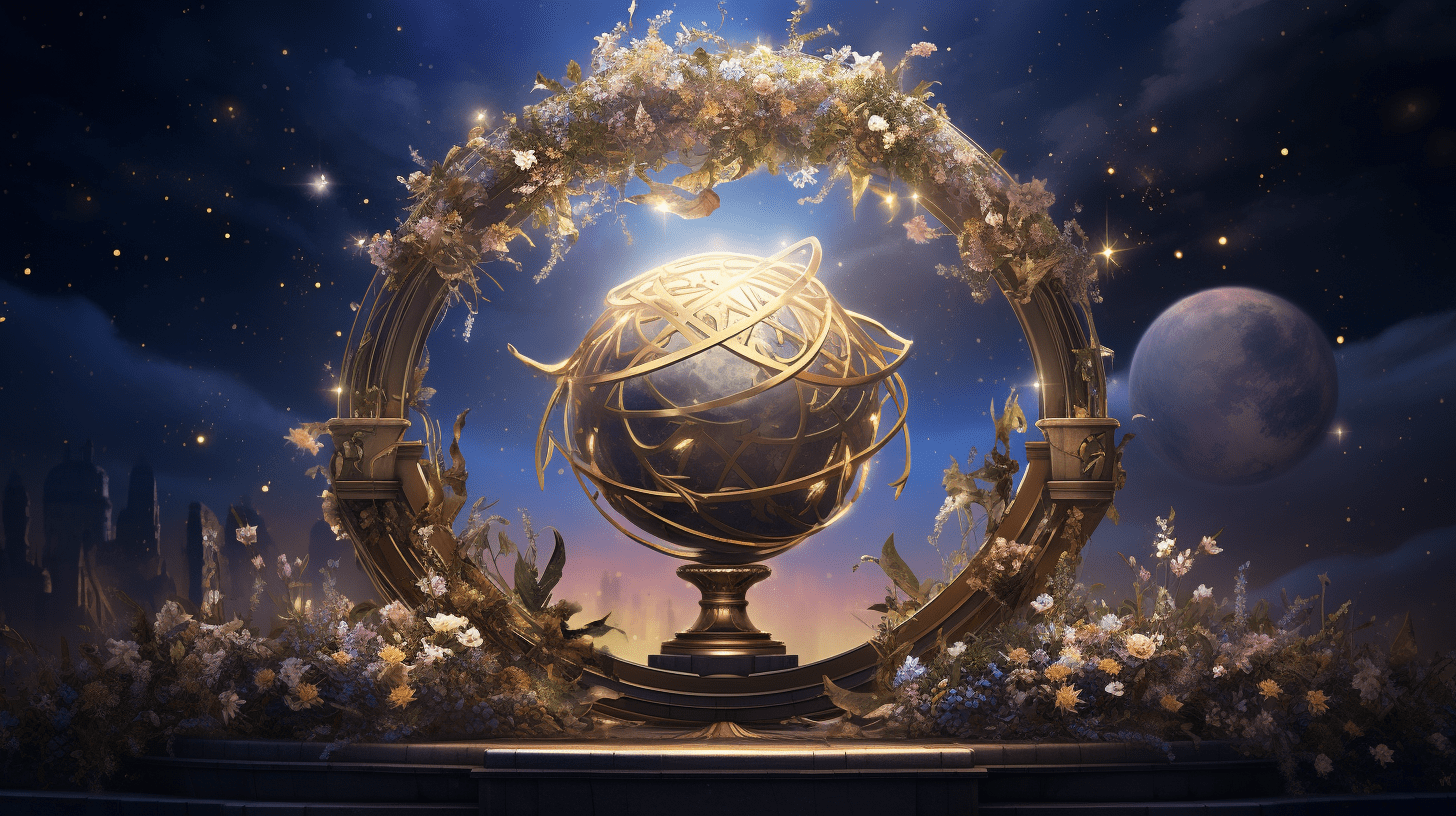 an image of a globe amid a starry sky, encircled by a wreath of blooming flowers, symbolizing the culmination of a journey. The globe radiates golden light, representing the sense of completion and fulfillment.