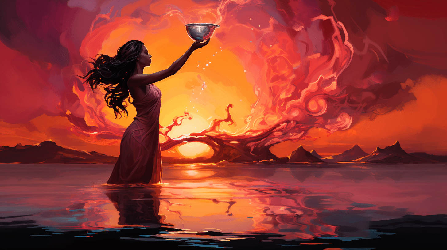 an image of a serene figure pouring water from one cup to another, symbolizing balance and harmony. The vibrant sunset in the background reflects a sense of calmness and spiritual enlightenment.