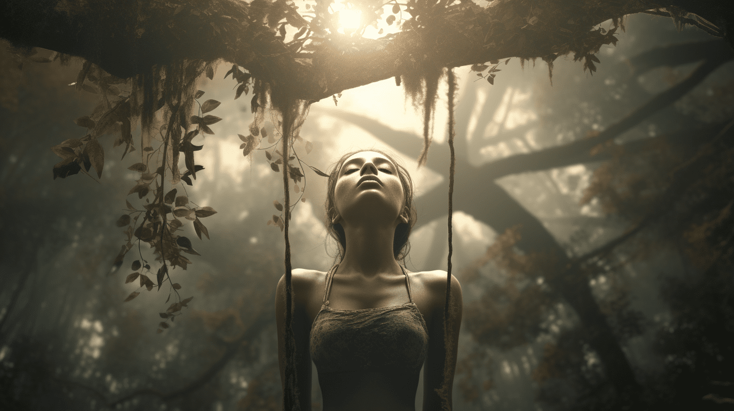 an image of a solitary figure suspended upside down from a tree branch, eyes closed and head tilted, radiating a sense of calm surrender.