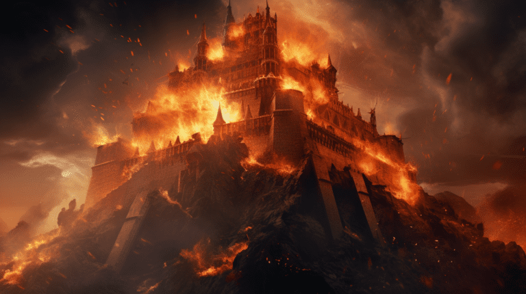 an image of a towering inferno, engulfing a majestic medieval castle. Flames leap towards the darkened sky as shattered stones and debris rain down, symbolizing destruction and chaos.