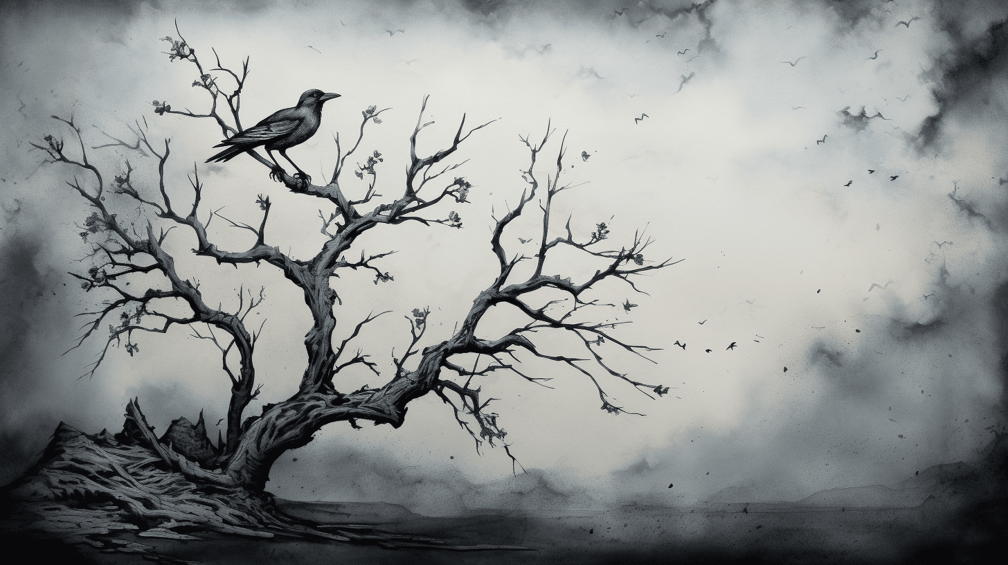 an image of a withered tree, its gnarled branches stretching towards a desolate sky. A solitary crow perches on a branch, casting a shadow over a wilted bouquet.