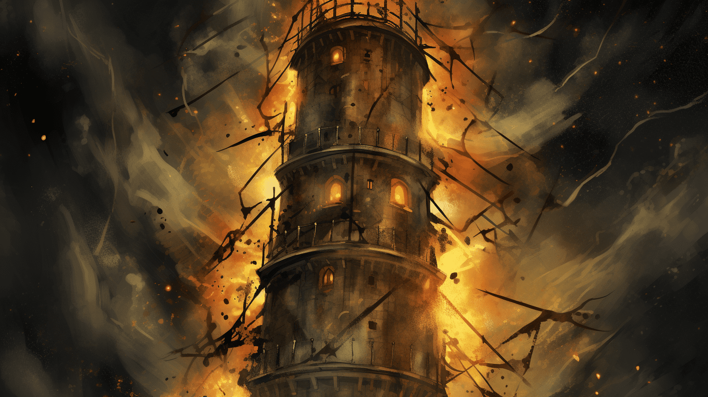 an image portraying Card 16: The Tower with intricate brushstrokes depicting a crumbling medieval tower struck by lightning. Show shattered windows, falling debris, and terrified onlookers, capturing the chaotic and destructive energy of this tarot archetype.