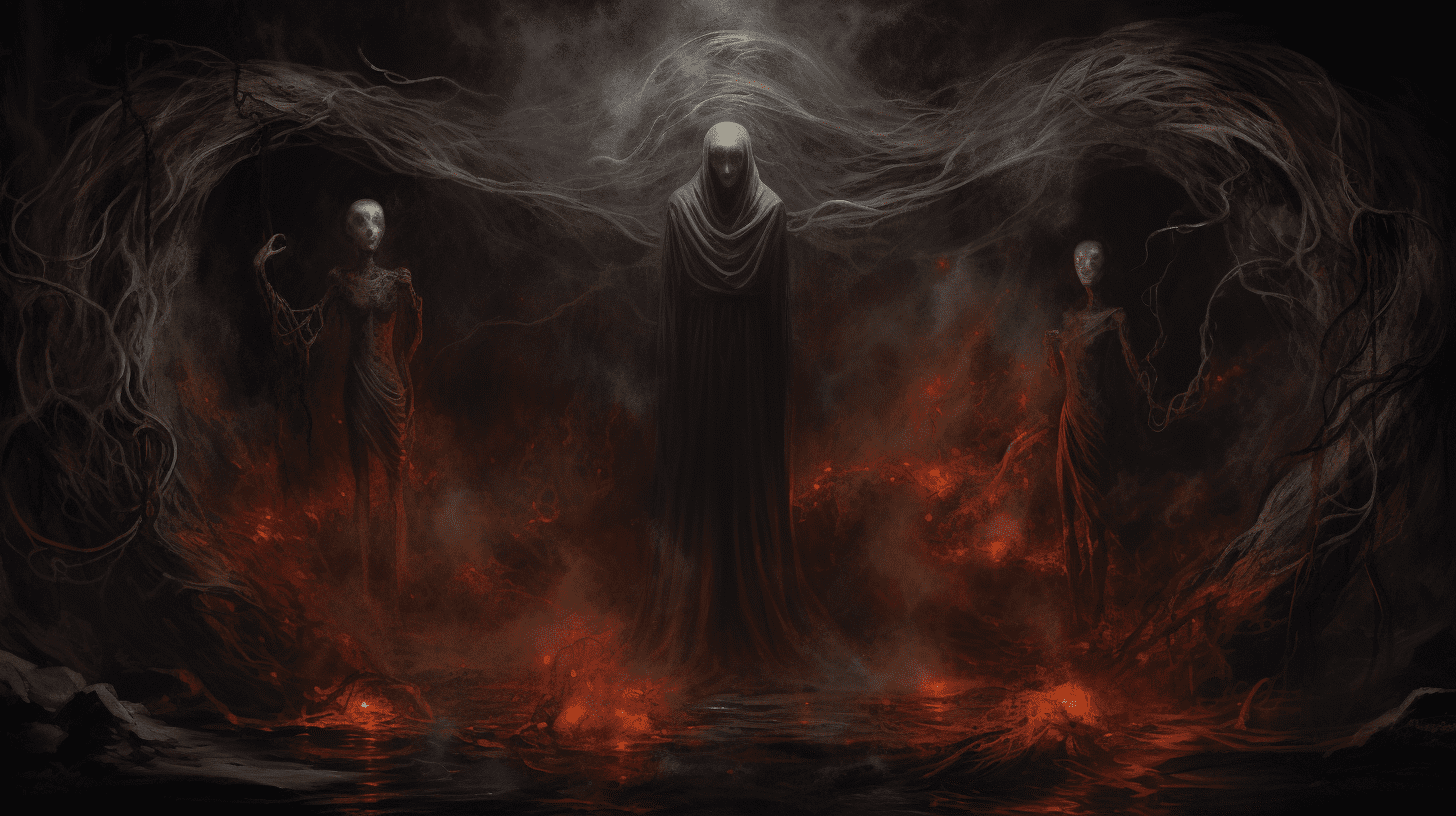 an image portraying a hauntingly seductive scene: A cloaked figure stands amidst swirling black mist, holding chains that bind two figures in submission, while sinister flames flicker in the background.