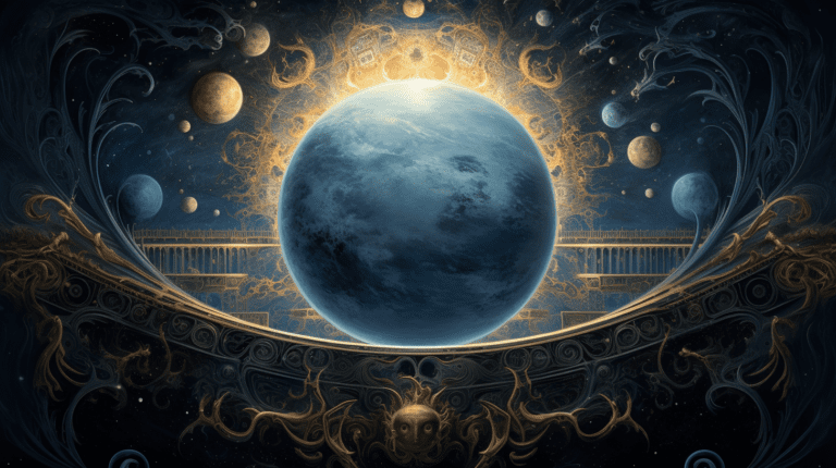 an image portraying a majestic, celestial sphere adorned with intricate, swirling patterns, representing the harmonious union of diverse elements and the infinite possibilities that unfold when one reaches the completion of a journey.