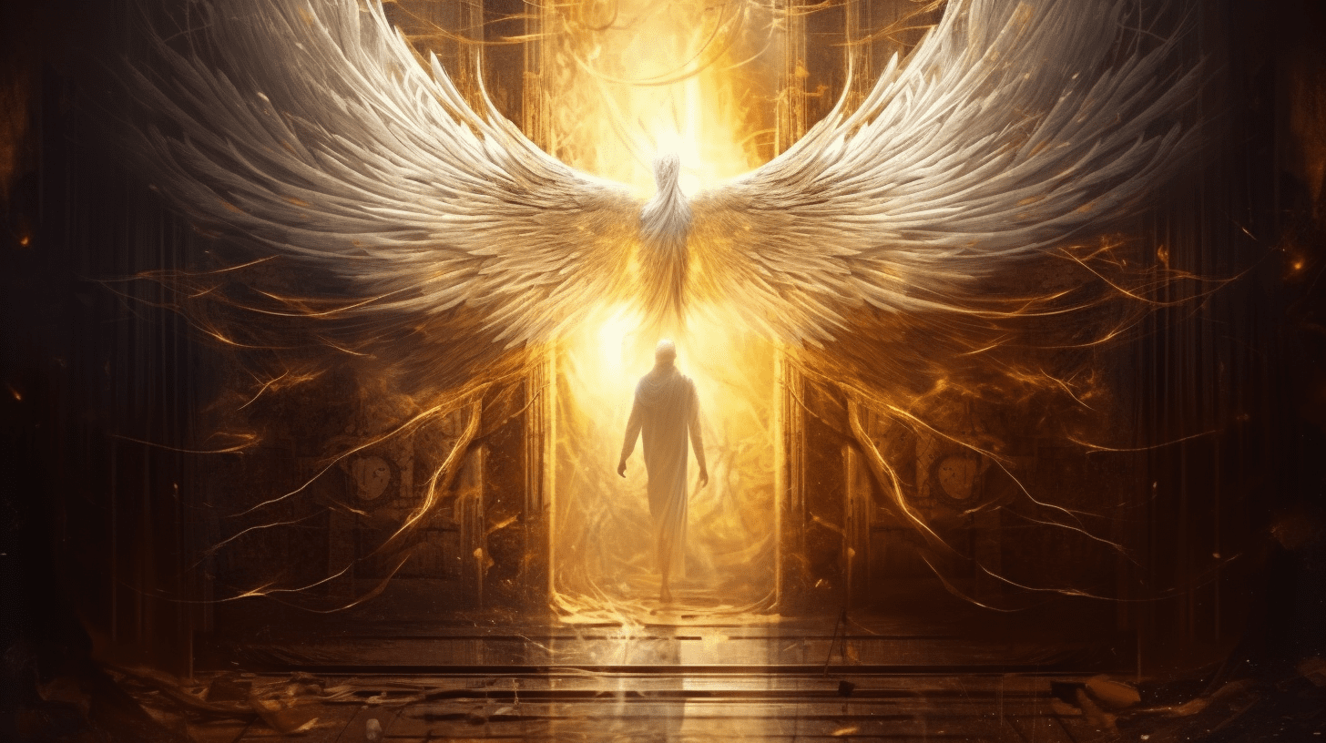 an image showcasing Card 20: Judgment, capturing the essence of its introduction. Depict an ethereal figure emerging from a golden, illuminated doorway, surrounded by floating feathers, as if ascending towards enlightenment.