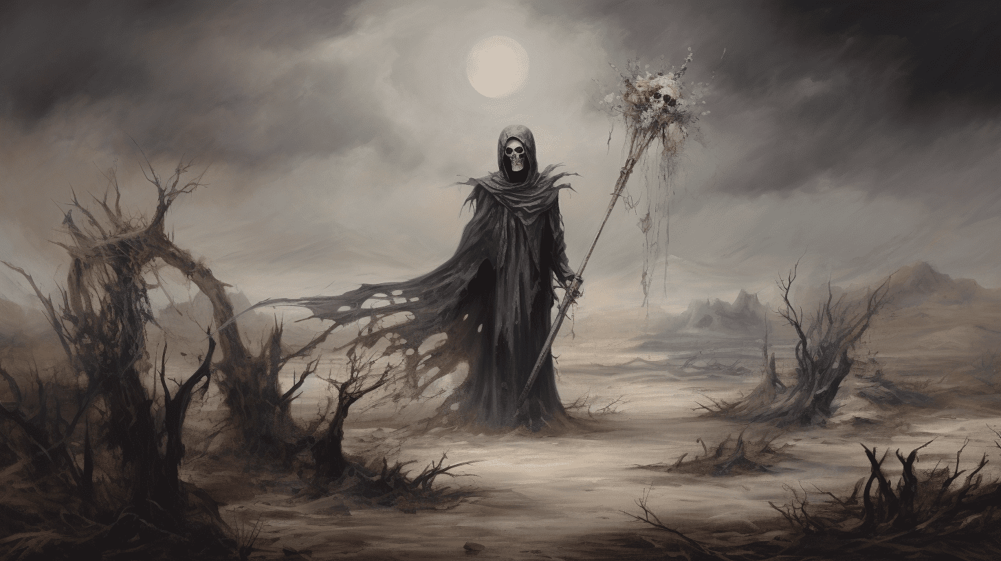 an image showcasing a dramatic, monochromatic painting of a skeletal figure clad in a tattered cloak, wielding a scythe. The background should be a desolate landscape, with wilted flowers and barren trees.