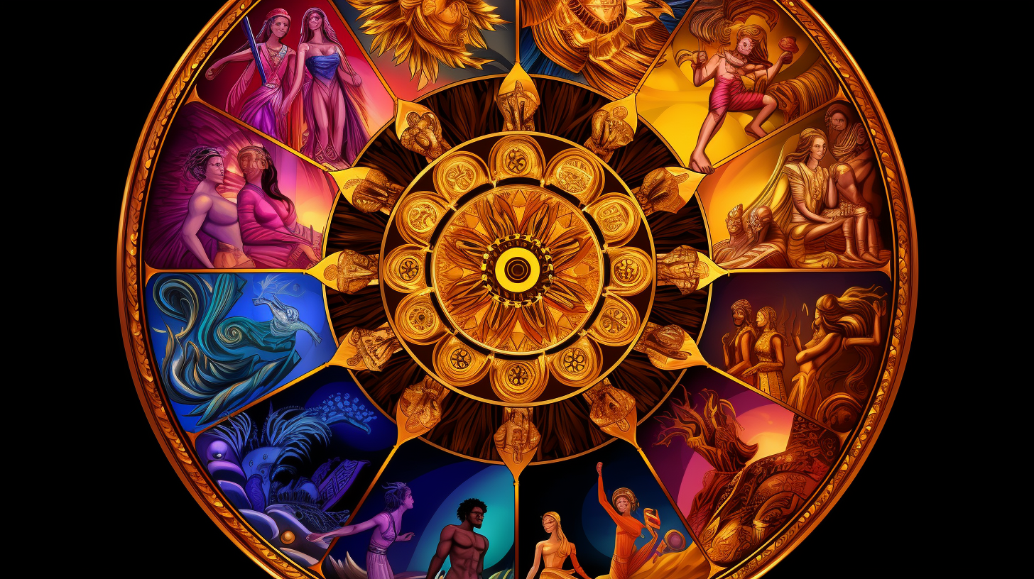 an image showcasing a golden wheel, adorned with intricate symbols and vibrant colors. The wheel is surrounded by individuals of diverse backgrounds, their faces radiating excitement and anticipation as they reach out to spin the wheel.