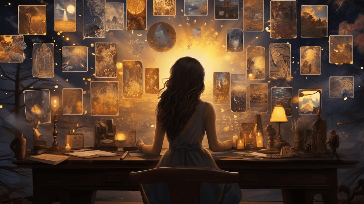 an image showcasing a mystical scene with a person gazing intently at a spread of Tarot cards. The cards display intricate illustrations representing the Major Arcana, each card revealing its unique symbolism and meaning.