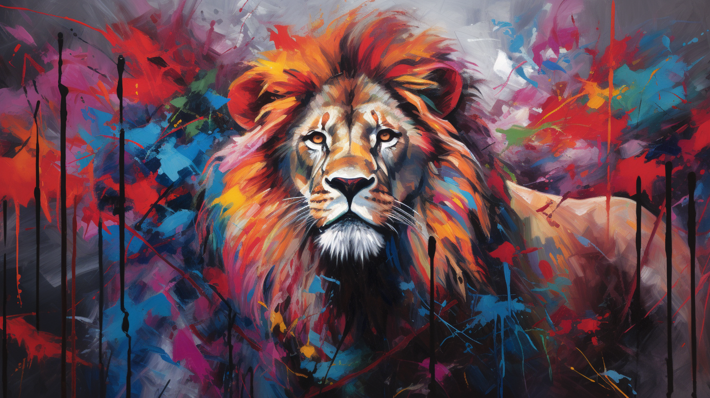an image showcasing a vibrant, abstract painting of a lion in bold brushstrokes. The artwork should convey a sense of power and resilience through its rich colors and intricate details.