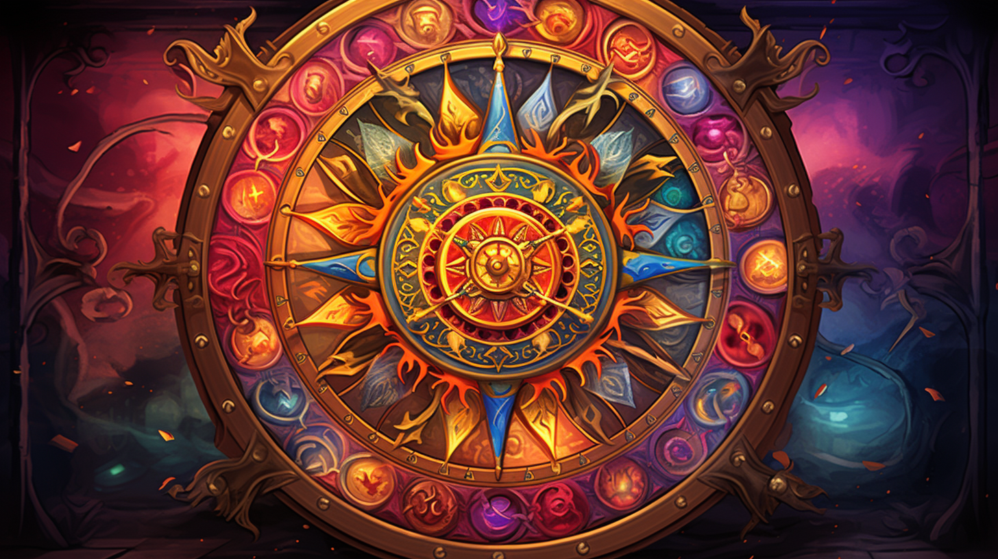 an image showcasing a vibrant, circular wheel adorned with intricate symbols and colors, symbolizing the dynamic nature of Card 10: Wheel of Fortune.