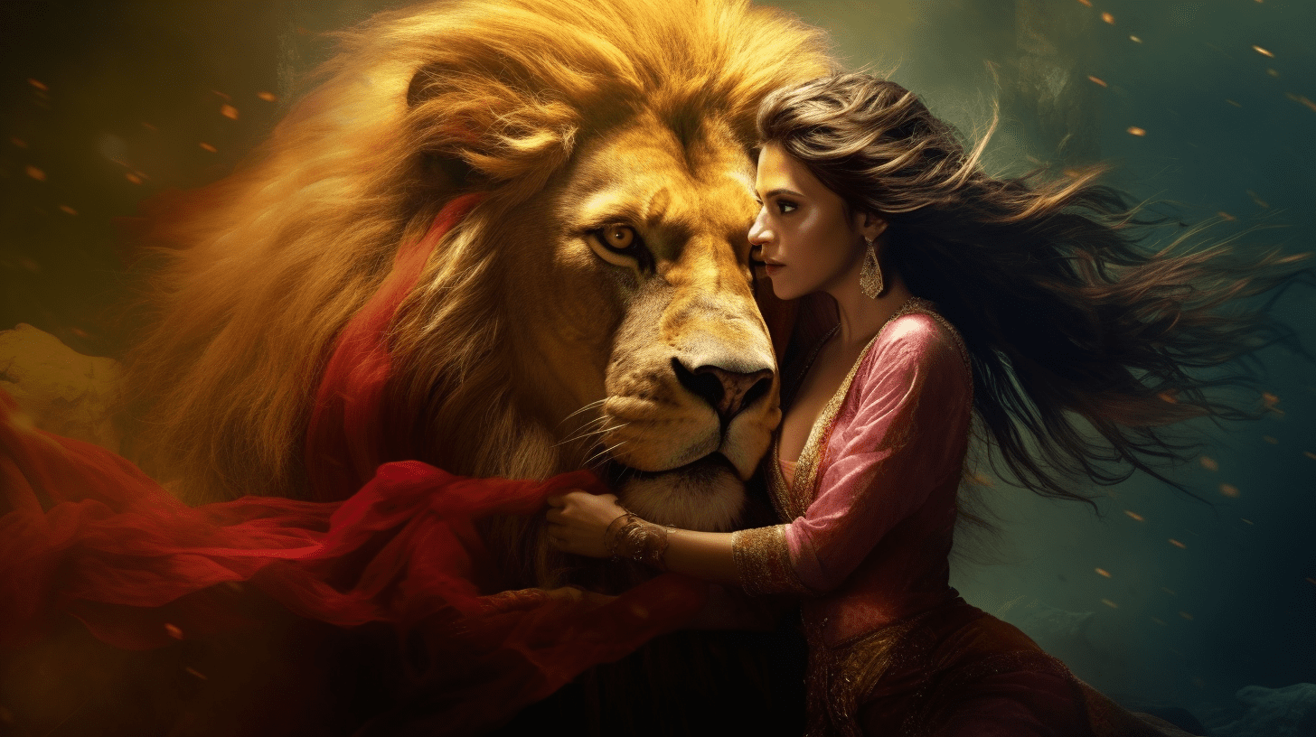 an image showcasing a woman confidently taming a ferocious lion, demonstrating the card's strength. Use vivid colors, capturing the woman's determined expression and the lion's imposing size to evoke the power of interpretation.