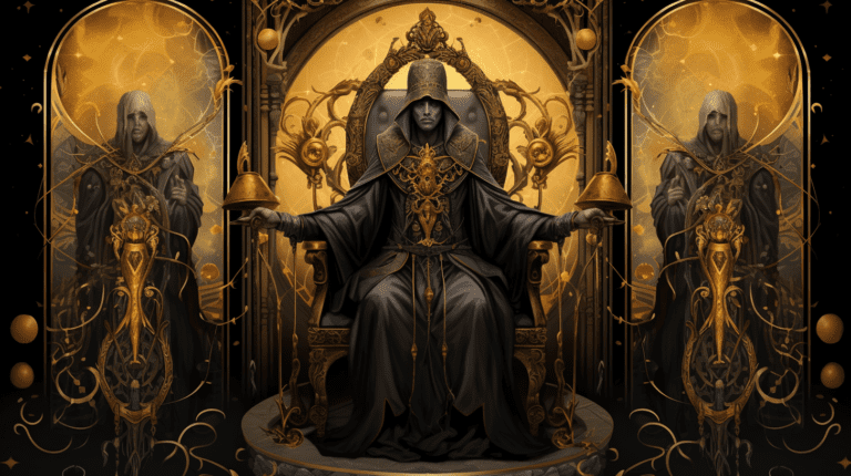 an image showcasing the Hierophant card from a Tarot deck. Depict a serene figure seated on a throne, wearing ornate robes, holding a staff adorned with religious symbols, surrounded by two disciples seeking wisdom and guidance.