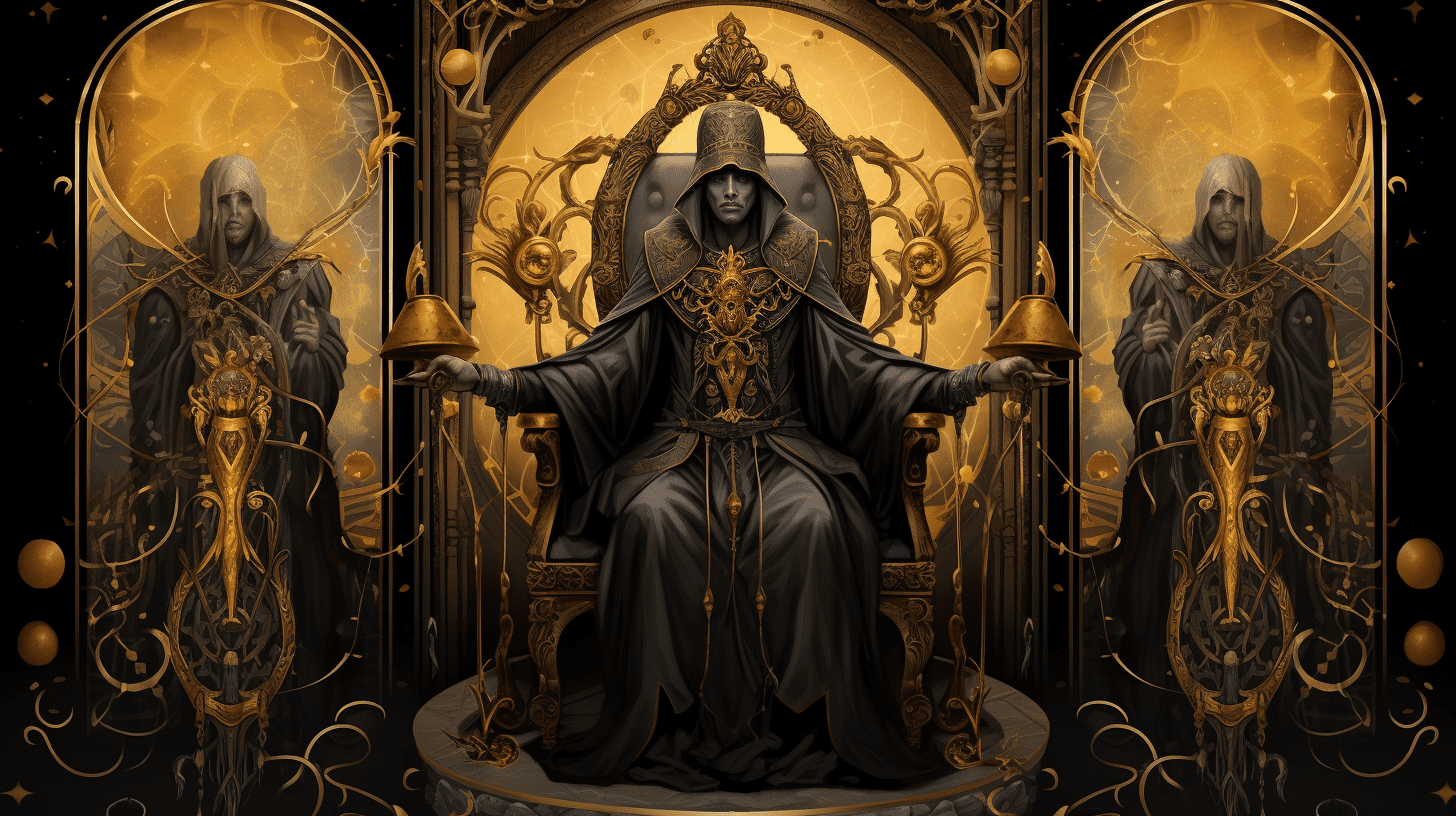 an image showcasing the Hierophant card from a Tarot deck. Depict a serene figure seated on a throne, wearing ornate robes, holding a staff adorned with religious symbols, surrounded by two disciples seeking wisdom and guidance.
