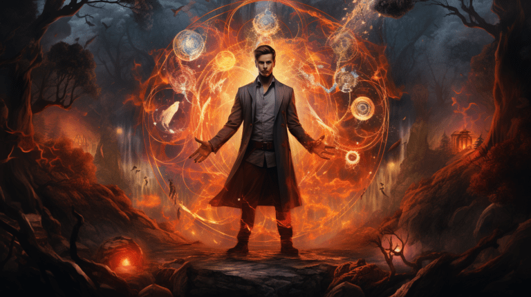 an image showcasing the Magician, a figure standing confidently amidst a mystical setting. He skillfully wields the four elements, symbolizing his mastery over both the physical and spiritual realms.