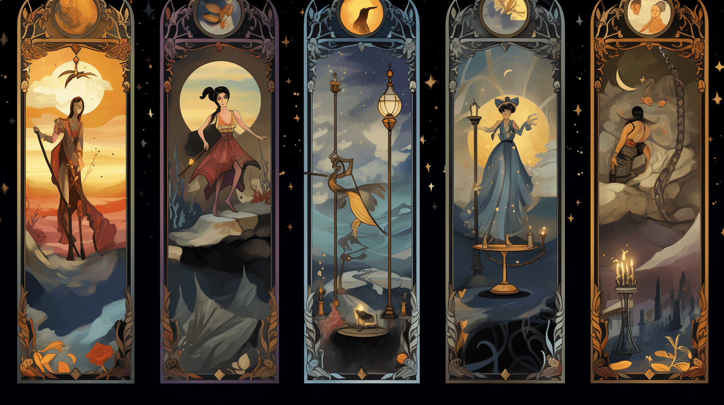 an image showcasing the Major Arcana cards of the Tarot, each rich in symbolic details: The Fool's carefree leap, The High Priestess' serene wisdom, and The Tower's crumbling structure, revealing the transformative power of Tarot's Big 22.