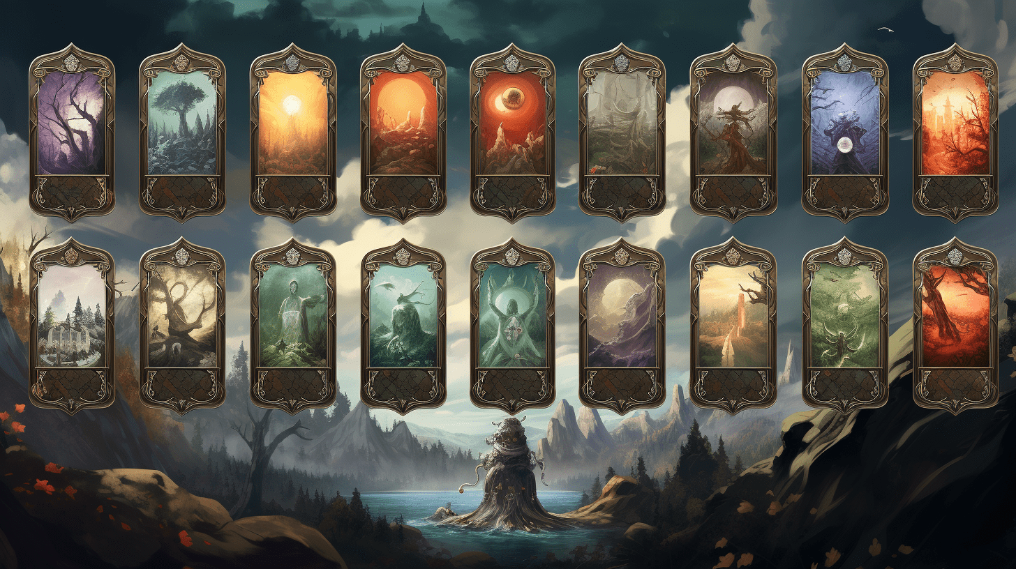 an image showcasing the Major Arcana cards, their rich symbolism and enigmatic power. A surreal backdrop reveals a mystical landscape, where each card emerges mysteriously, inviting readers into the hidden depths of tarot's Big 22.